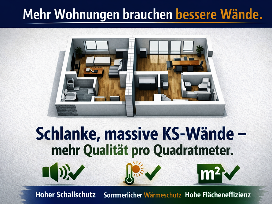 Infografik zu schlanken, massiven KS-Wänden mit Vorteilen für Schallschutz, Wärmeschutz und Flächeneffizienz